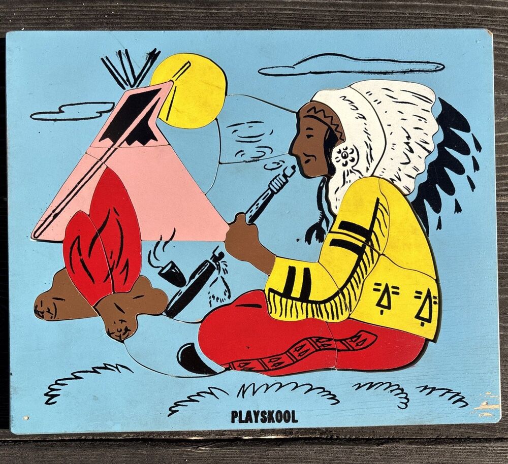 Vintage Playskool Indian Chief Native American Smoking Pipe Wooden Puzzle 1950s